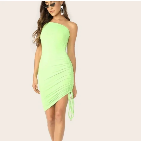 SHEIN | Dresses | Shein Neon Green Drawstring Side Tube Midi Sexy Dress Sz  M | Poshmark